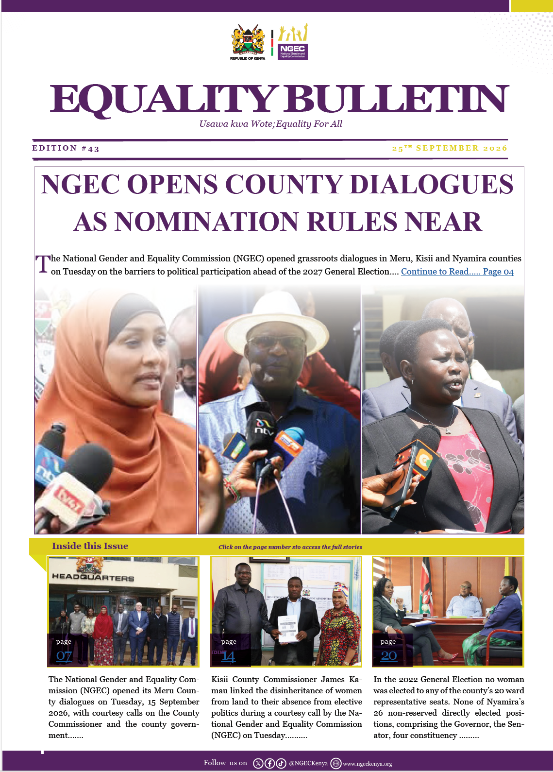 EQUALITY BULLETIN#43:NGEC OPENS COUNTY DIALOGUES AS NOMINATION RULES NEAR